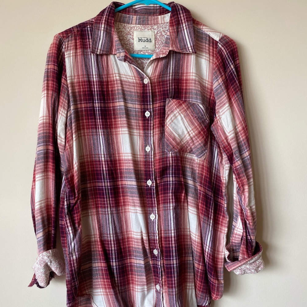 Pink, red, and white plaid button up shirt